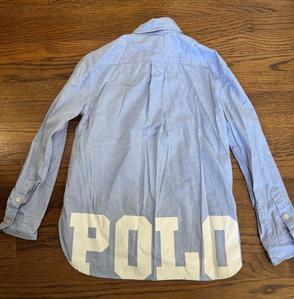 Boys Ralph Lauren Oxford Button Down Shirt Size 7 Blue Big Logo Back